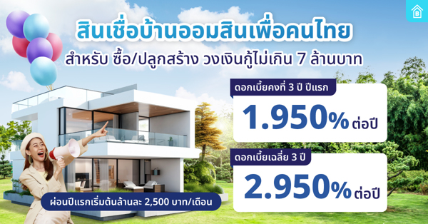 สินเชื่อบ้านออมสินเพื่อคนไทย และสินเชื่อ Top Up ดอกเบี้ยเฉลี่ย 3 ปี 2.950% ต่อปี